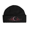 Embroidered Crescent Moon Floral Cuff Beanie — Gothic Rose Winter Hat - Black