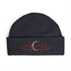 Embroidered Crescent Moon Floral Cuff Beanie — Gothic Rose Winter Hat - Navy