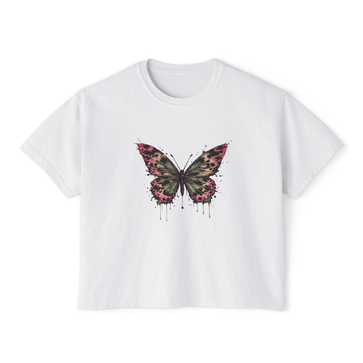 Floral Grunge Butterfly Boxy Tee — Women's Cropped Graphic T‑Shirt