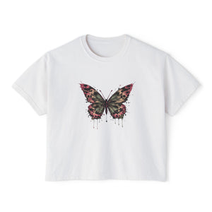 Floral Grunge Butterfly Boxy Tee, Women's Cropped Graphic Tee