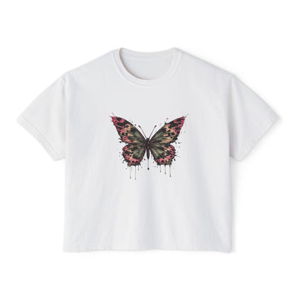 Floral Grunge Butterfly Boxy Tee — Women's Cropped Graphic T‑Shirt