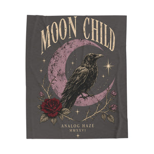 Moon Child Velveteen Blanket — Raven & Crescent Moon Plush Throw