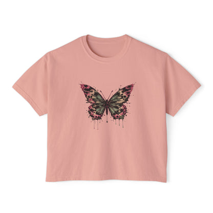 Floral Grunge Butterfly Boxy Tee, Women's Cropped Graphic Tee