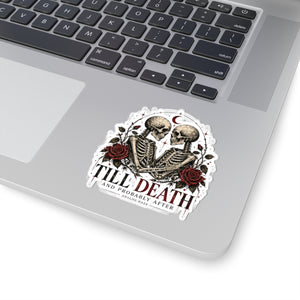 Till Death Kiss-Cut Sticker — Romantic Skeletons & Red Roses Vinyl Decal