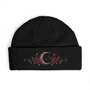 Embroidered Crescent Moon Floral Cuff Beanie — Gothic Rose Winter Hat