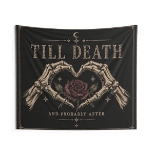 Till Death Wall Tapestry — Gothic Skeleton Hands & Rose Home Decor