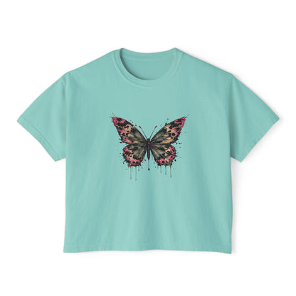 Floral Grunge Butterfly Boxy Tee, Women's Cropped Graphic Tee