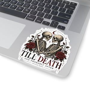 Till Death Kiss-Cut Sticker — Romantic Skeletons & Red Roses Vinyl Decal
