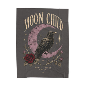 Moon Child Velveteen Blanket — Raven & Crescent Moon Plush Throw