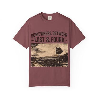 Somewhere Between Lost & Found Vintage Road Sign Graphic T-Shirt