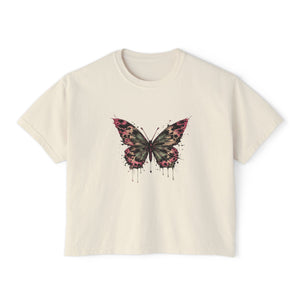 Floral Grunge Butterfly Boxy Tee, Women's Cropped Graphic Tee