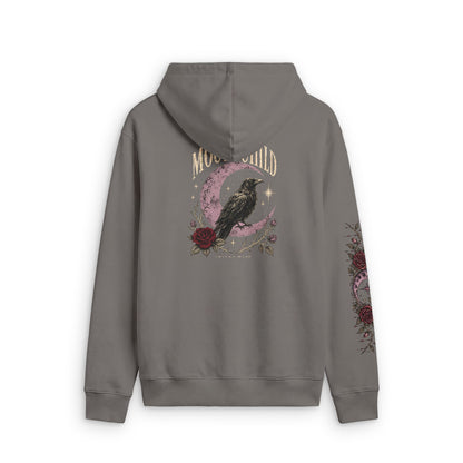 Moonchild Raven Zip Hoodie — Gothic Crescent Moon & Rose Zip-Up