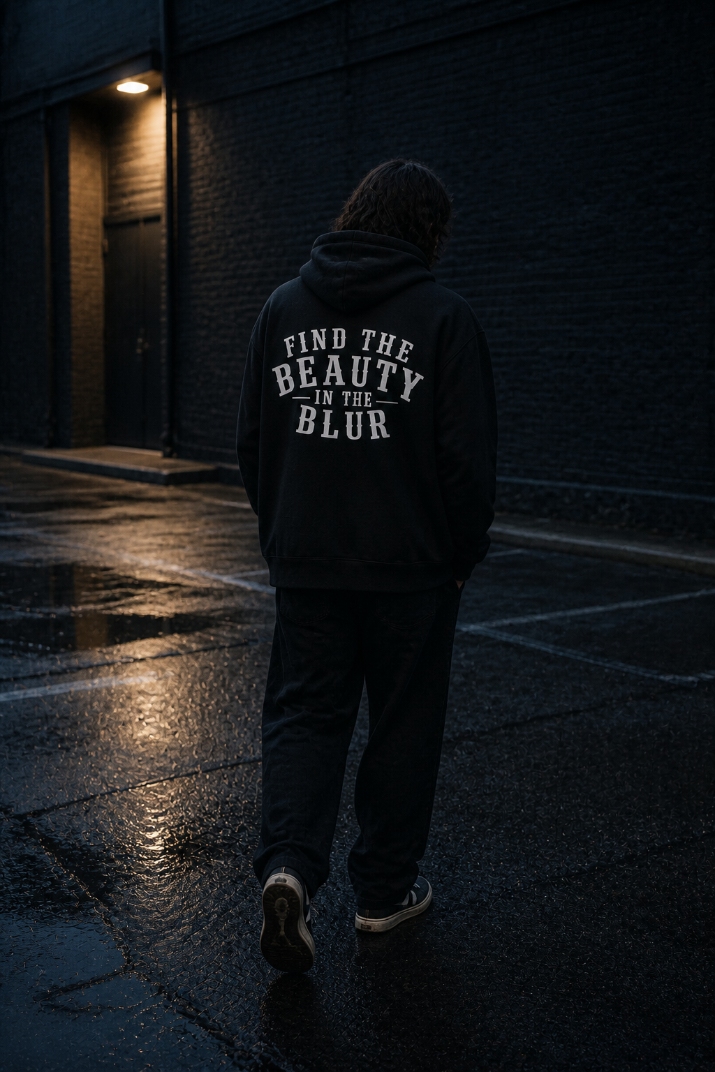 Model wearing the Find the Beauty in the Blur hoodie in a rain-soaked parking lot